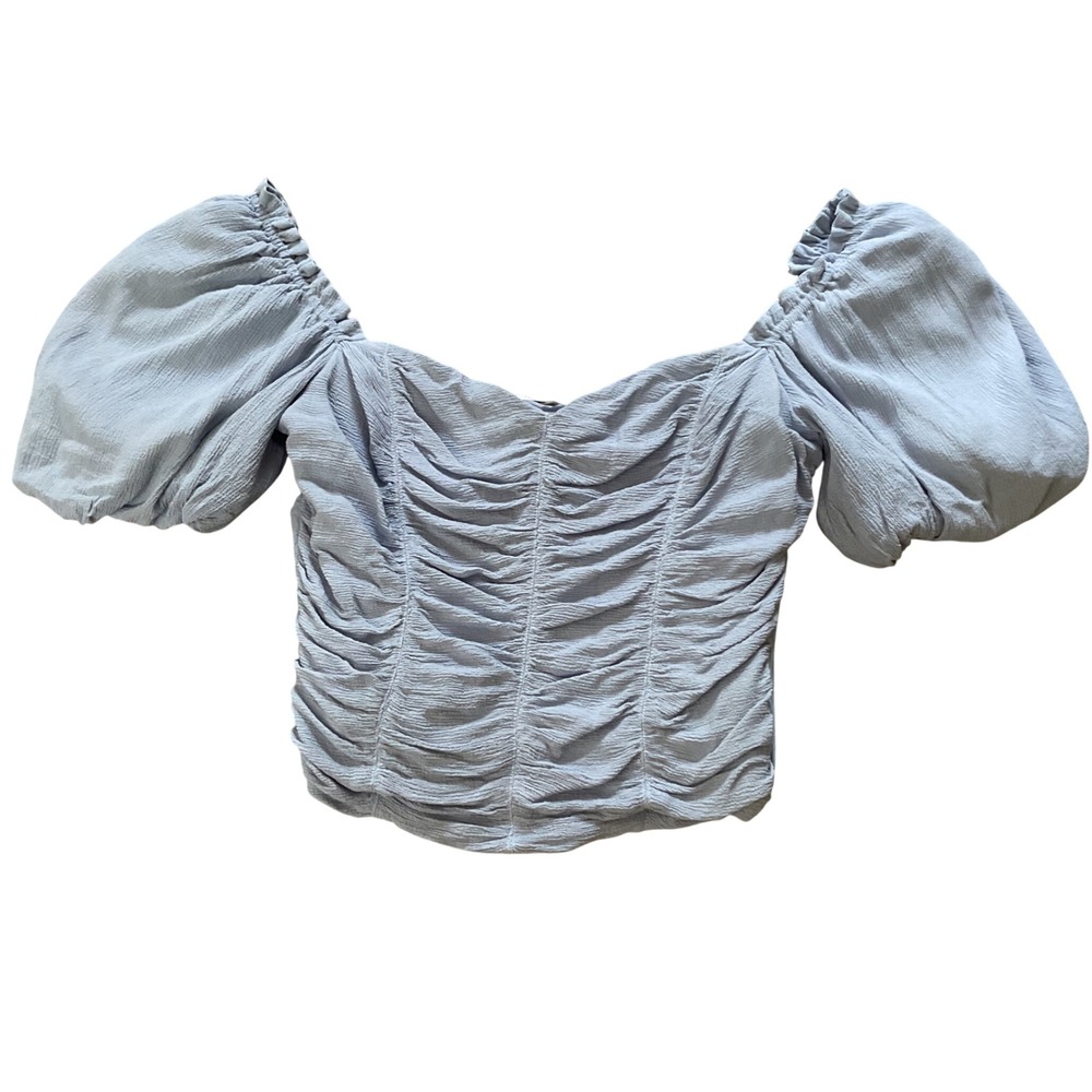 ASTR The Label Ruched Puff Sleeve Crop Top Light Blue Sweetheart Neck Size M